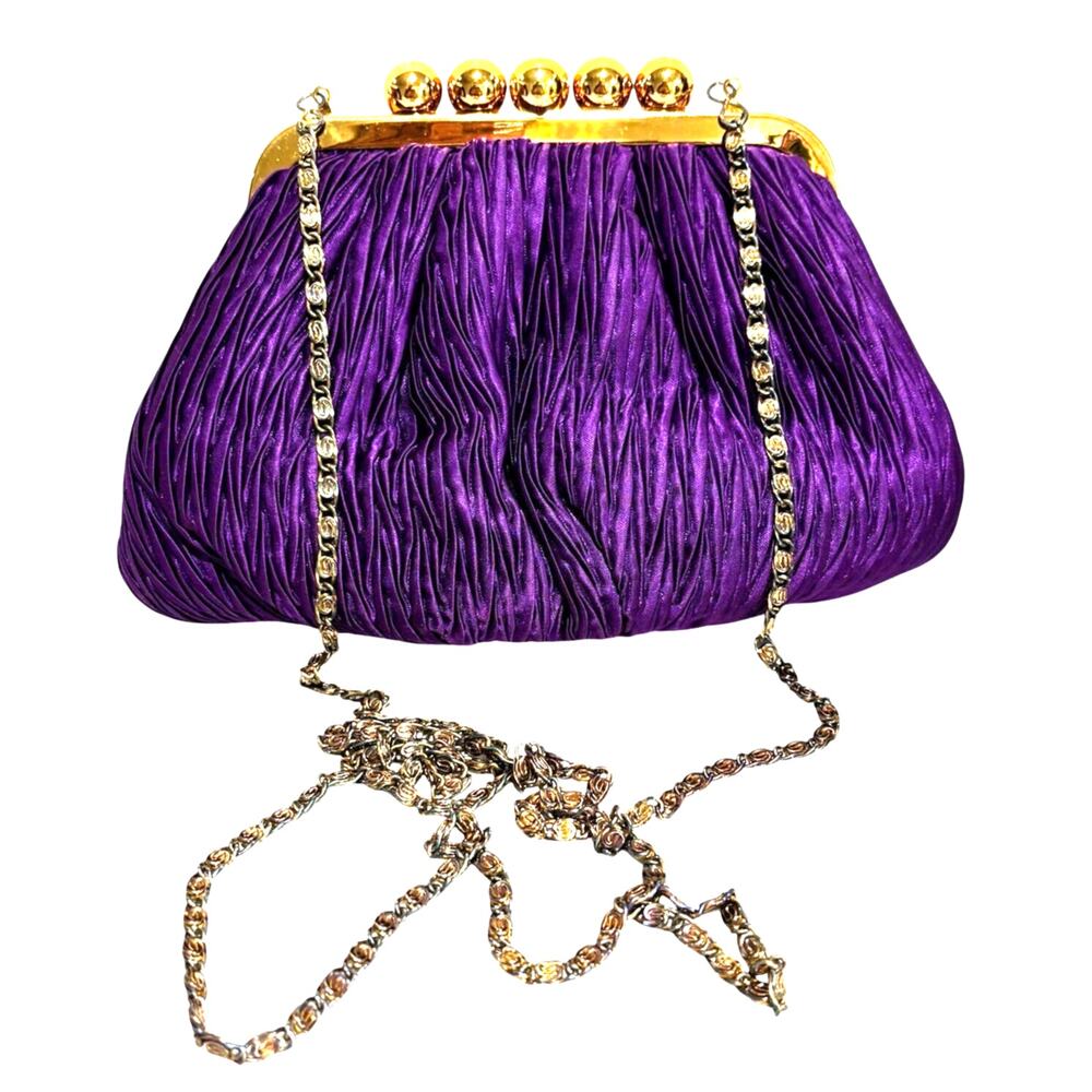 Vintage Carla Marchi evening bag converts to clutch purse purple satin & gold